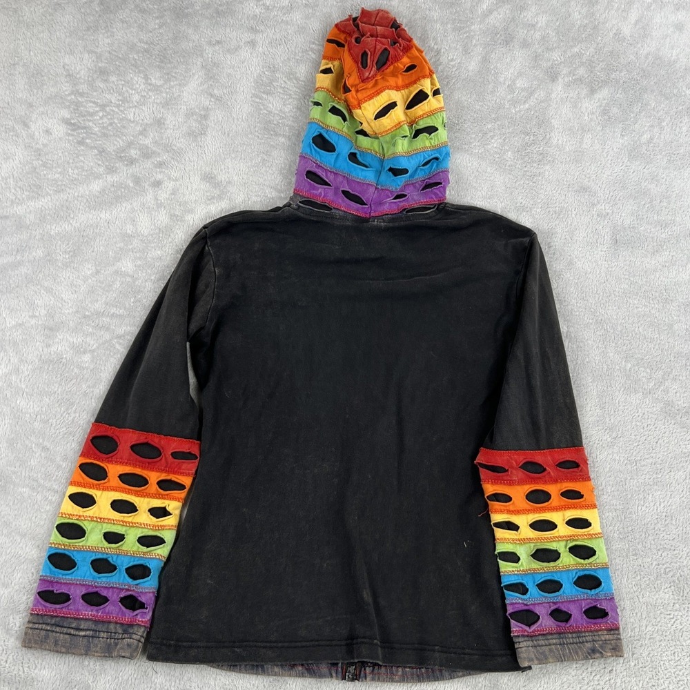 Nepal Rainbow Patchwork Cut Out Hoodie Jacket M Black Women Boho Hippie Cotton - Picture 2 of 11